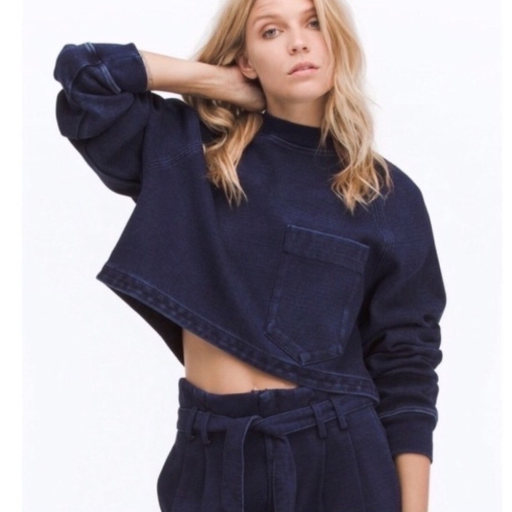 AG Adriano Goldschmied Indigo Knit Cropped Cube Sweatshirt‎ Blue Large Oversized